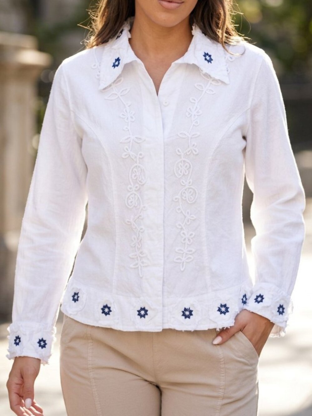 GIOCAM EMBROIDERED WHITE BLUE BUTTON UP CANVAS JACKET